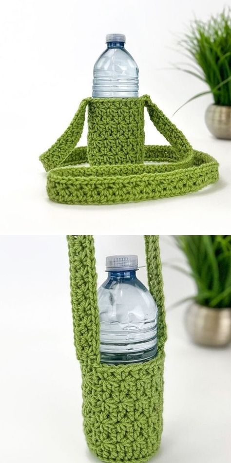 Crochet Water Bottle Carrier Ideas. This free pattern is available in two sizes and will fit most reusable water bottles. It's ideal for taking the dog for a walk, going on a hike, or simply strolling around the block. The strap size is adjustable, so it can be made for a child or an adult. It's an excellent crochet gift idea! #freecrochetpattern #bottle #carrier Crochet Bottle Carrier, Crochet Thermos Holder, Water Bottle Carrier Crochet, Crochet Water Bottle, Crochet Star Stitch, Crochet Water Bottle Holder, Stylish Water Bottles, Diy Water Bottle, Bottle Cozies