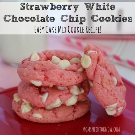 Strawberry White Chocolate Chip Cookie Recipe sq Strawberry White Chocolate Chip Cookies, White Chocolate Chip Cookies Recipes, Strawberry White Chocolate, Strawberry Cake Mix, White Chocolate Chip, Cake Mix Cookie Recipes, Chocolate Chip Cookies Recipe, Easy Chocolate Chip Cookies, White Chocolate Chip Cookies