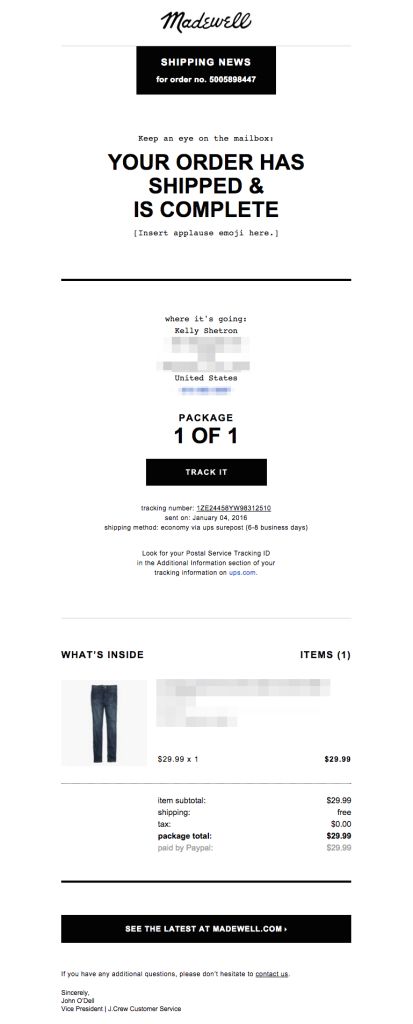 Madewell optimized their shipping email for mobile with a simple, single-column design. Get more helpful email tips here: http://emaildesign.beefree.io/2016/02/best-practices-for-shipping-confirmation-emails/ Email Tips, Html Email Templates, Email Layout, Newsletter Layout, Thank You Email, Email Marketing Design Inspiration, Small Business Quotes, Email Template Design, Email Marketing Template