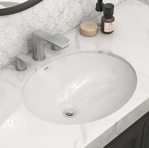 Porcelain Bathroom Sink, Porcelain Bathroom, Bathroom Vanity Sink, Powder Room Vanity, Modern White Bathroom, Kitchen Cabinets And Countertops, Undermount Bathroom Sink, Plumbing Bathroom, Clean Sink