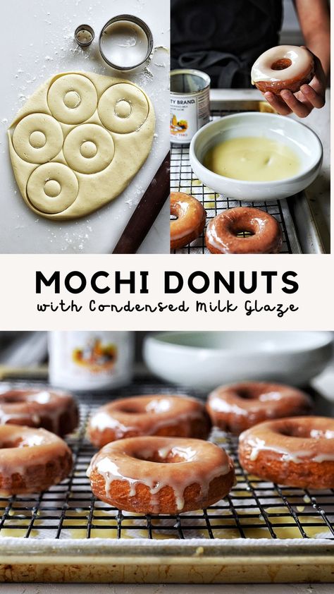 The most delicious and easy Mochi Donut recipe ever! A Japanese-inspired donut that's mixed in one bowl and is completely gluten-free. The chewy texture, crisp edges, and simple ingredient list will make this a favorite yummy treat. A simple condensed milk glaze adds just enough sweetness. Gluten Free Doughnut Recipes, Baked Mochi Donut Recipe, Condensed Milk Glaze, Mochi Donut Recipe, Easy Mochi, Mochi Donuts Recipe, Mochi Donut, Gluten Free Doughnuts, Mochi Recipe