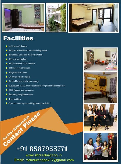 Shree Durga PG For Girls is Situated in Laxmi Nagar, Delhi. We Give Following Facilities in Our Girls PG. For More Information:  Call Us: +91-8587955771 Visit Our Website: www.shreedurgapg.in Hostel Poster, Good Girl Names, Girls Hostel, Student Hostel, History Wallpaper, Paying Guest, Hostels Design, Big Balcony, Education Poster Design