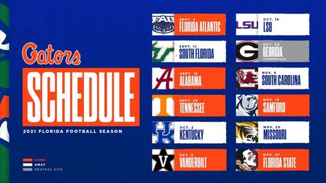 Gators Announce 2021 Football Schedule - Florida Gators Florida Gators Football Wallpaper, Gator Football, Auburn Tigers Football, Sport Graphics, Florida Football, New Year Coloring Pages, Florida Gators Football, Football Schedule, Gators Football