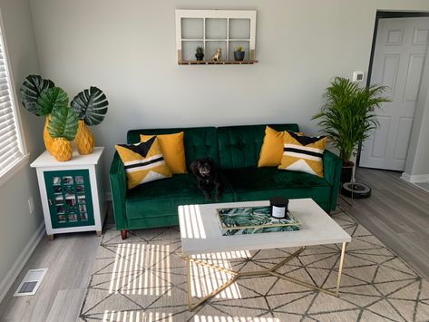 Green sofa is from Wayfair and is the perfect shade of emerald green to pair with mustard. Pillows are from At Home, coffee table is Wayfair. Thrift shop end cabinet and window shelf were refinished by me. Emerald Green And Mustard Living Room, Emerald Green Small Living Room, Emerald Green And Yellow Living Room, Emerald Green Couches, Green Sofa Pillow Ideas, Dark Green Sofa Living Room Ideas Modern, Living Room With Emerald Green Sofa, Beige Couch Emerald Pillows, Bottle Green Sofa Living Room Ideas