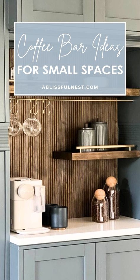 Don't let limited space cramp your coffee-loving style! Coffee bar ideas for small spaces can help you maximize your area while still enjoying your favorite brews. Think vertical storage, multi-functional furniture, and clever organization to make the most of every inch. #smallkitchen #coffeelover #coffeecornerideas Narrow Coffee Bar In Kitchen, Coffee Corner In Living Room Bar Ideas, Coffee Corner Wallpaper, Small Nook Ideas Kitchen, Small Wall Coffee Bar Ideas, Waiting Room Coffee Bar, Coffee Nook In Kitchen Small Spaces, Closet Turned Into Coffee Bar, Coffee Corner Kitchen Small Spaces