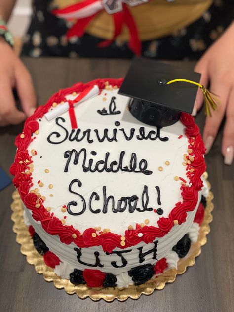 #middleschoollife #juniorhigh #uplandjuniorhigh #ujh #promotioncake #schoolcolors #8inchroundcake #freshstrawberryfilled #whippedcreamfilling #buttercreamfrosting #🖤❤️🤍 #isurvivedmiddleschool Junior High Graduation Party Ideas, 8th Grade Party Ideas, I Survived Middle School Cake, Moving Up To Middle School Party, Grad Cake Funny, Graduation Middle School 8th Grade, 8th Grade Graduation Outfit Ideas, Grade 8 Graduation, 8th Grade Promotion