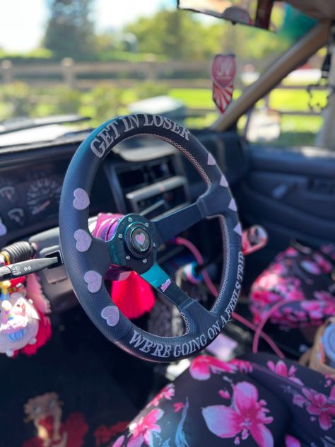 Cherry Blossom Car Interior, Cherry Blossom Car, Pink Car Interior, Pink Cars, Grey Car, Chrome Door Handles, Car Decorations, Pink Wrap, Cute Car Accessories