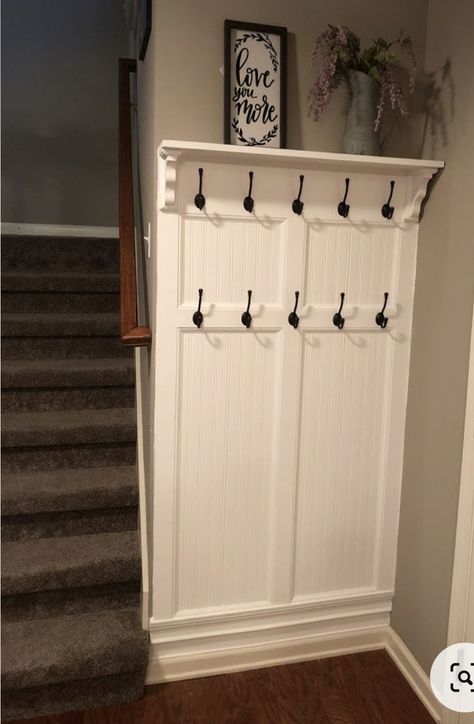 Drop Zone Behind Front Door, Waynes Coating Entry Way, Family Drop Zone, Narrow Mudroom Ideas Entryway, Waynes Coating, Mudroom Remodel, Mudroom Decor, Mudroom Entryway, Hall Closet