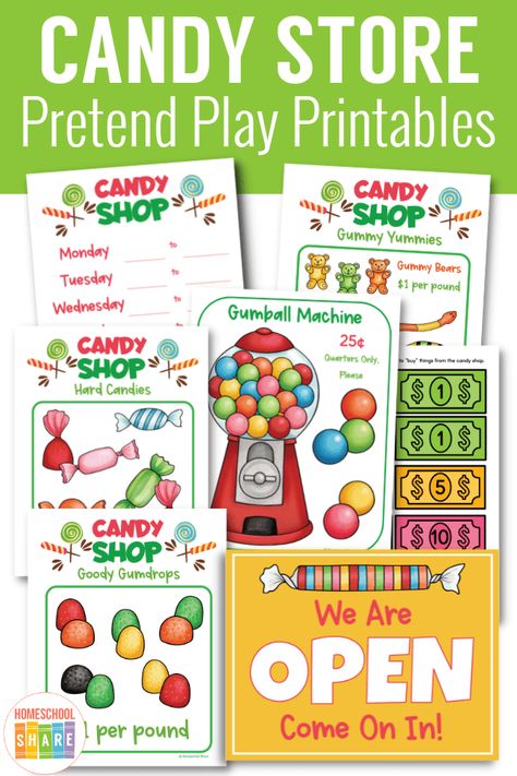 Candy Store Pretend Play, Candy Store Dramatic Play, Diy Dramatic Play Ideas, Candy Shop Dramatic Play, Free Dramatic Play Printables, Preschool Dramatic Play Ideas, Dramatic Play Printables Free, Dramatic Play Diy, Bunny Biscuits