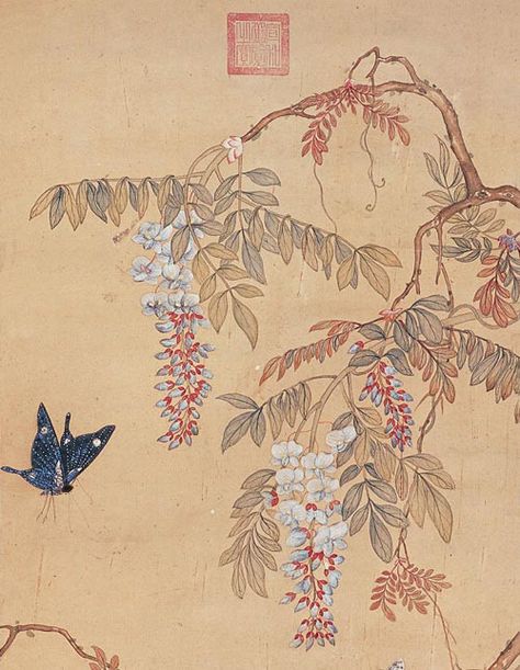 Butterfly and Chinese wisteria flowers by Xu Xi (Hsü Hsi) Art Chinois, Asian Painting, Birds And Flowers, Eastern Art, Japanese Flowers, Art Japonais, Korean Art, Art Et Illustration, Foto Art