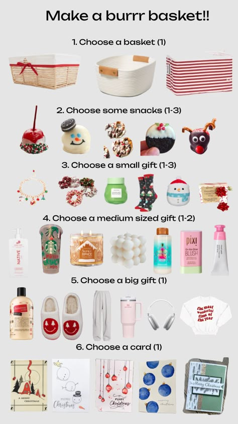 #christmas #burrrbasket #inspo #giftinspo Small Diy Christmas Gifts, Sister Christmas Presents, Diy Christmas Gifts For Friends, Secret Sister Gifts, Best Gift Baskets, Birthday Presents For Friends, Preppy Gifts, Birthday Basket, Little Sister Gifts