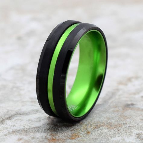 Neon Green Wedding, Green Tungsten Ring, Lime Green Weddings, Motorcycle Wedding, Personalized Engraved Jewelry, Pink Wedding Rings, Sun And Moon Rings, Green Themed Wedding, Logo Unique