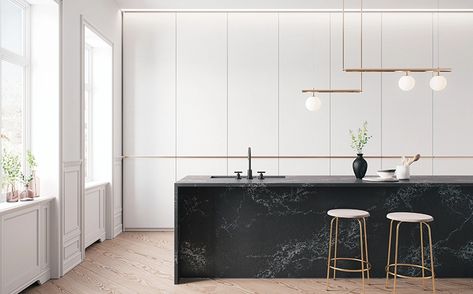 Inspiration Gallery | Caesarstone US Black Soapstone Countertops, Small Kitchen Lighting Ideas, Quartz Countertops Colors, Small Kitchen Lighting, White Kitchen Inspiration, Black Kitchen Countertops, Soapstone Countertops, Black Kitchen Island, Countertop Colours