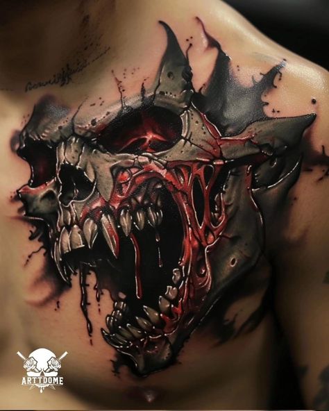 Womens Horror Tattoos, Horror Chest Tattoo, Kneck Tattoos, Cool Meaningful Tattoos, Pixie Tattoo, Evil Skull Tattoo, Skull Hand Tattoo, Skull Sleeve Tattoos, Skull Sleeve