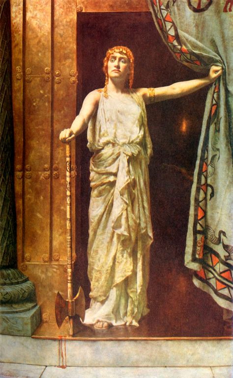 Clytemnestra is remembered as a woman who killed her husband, King Agamemnon, with the help of her lover.

However, her story was far more complex, nuanced, and tragic than that. Her husband killed her son from her first marriage.

Then, after fathering several children with her, Agamemnon decided to sacrifice/kill their daughter Iphigenia in order to increase his chances of winning the war.

#GreekGods #Mythology #GreekMythology #OlympianGods #olympioi #AncientGods #AncientGreece #Olympians Agamemnon Greek Mythology, Guildhall Art Gallery, John Collier, Art Residency, Oil Painting Pictures, Greek Heroes, Medieval Paintings, Lady Macbeth, Ancient Pottery