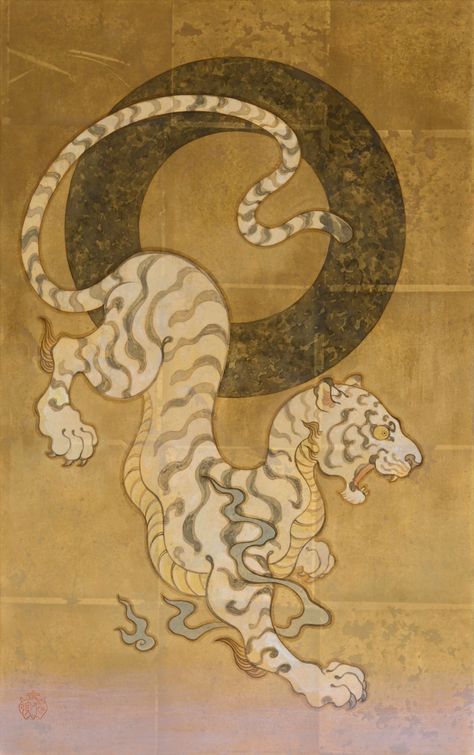 Japanese Animals Art, Vintage Chinese Illustration, Japanese Art Animals, Tiger Japanese Art, Japanese Animal Art, Japanese Tiger Art, Japanese Dragons, Chinese Gods, Watercolor Tattoo Ideas