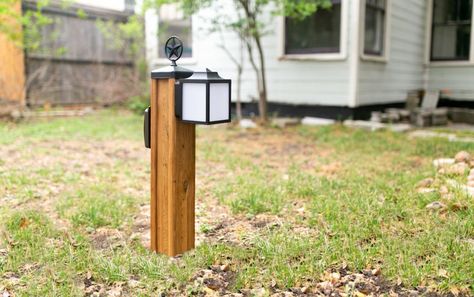 DIY Outdoor Lighting And Outlet | Wilker Do's Outdoor Outlet Cover, Outdoor Electrical Outlet, Outdoor Outlet, Motion Light, Diy Outdoor Lighting, Electrical Outlet Covers, Light Post, Small Lamps, Motion Lights