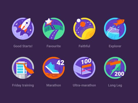 Running Badges by Laura Reen on Dribbble Badge Icon Design, Digital Badge Design, Gamification Badges, App Badges, Gaming Badges, Badge Illustration, Badge Icon, Flat Design Icons, Ui Ux 디자인