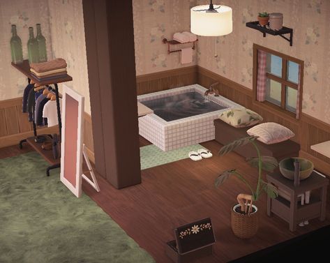 Acnh Bedroom With Bathroom, Acnh Small Bedroom, Bedroom Animal Crossing New Horizon, Bathroom Animal Crossing, Animal Crossing Bathroom Ideas, Acnh Bathroom Ideas, Animal Crossing Bedroom Ideas, Animal Crossing Furniture, Animal Crossing Bathroom