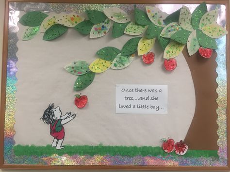 The giving tree bulletin board Tree Study Bulletin Board Preschool, Tree On Bulletin Board, Tiny Seeds Grow Mighty Trees Bulletin, The Giving Tree Bulletin Board, The Giving Tree Craft, Giving Tree Classroom, Giving Tree Bulletin Board, Apple Tree Bulletin Board, The Giving Tree Activities