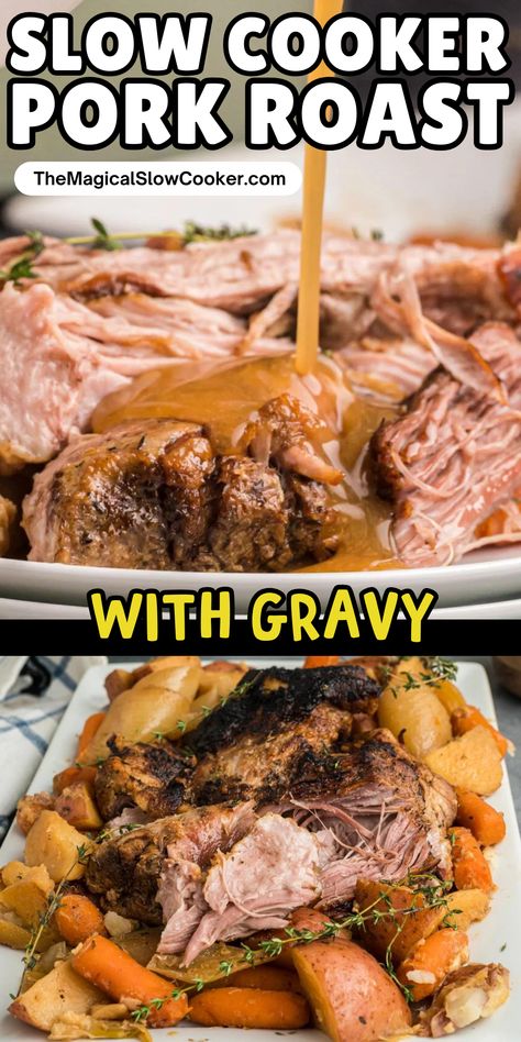 Juicy pork roast is cooked to fall apart tender with onions, carrots, and potatoes for a Slow Cooker Pork Roast with Gravy meal the whole family is sure to enjoy. A variety of kitchen-staple seasonings are used to create roast drippings that are turned into pork roast gravy packed with great flavor. - The Magical Slow Cooker Things To Do With A Pork Roast, Best Pork Roast Crock Pot Recipes, Crockpot Pork Roast And Potatoes, Gluten Free Pork Roast Slow Cooker, How To Cook A Pork Roast In The Crockpot, Crockpot Pork Loin Roast Slow Cooker, Slow Cooked Pork Loin In The Oven, Pork In Slow Cooker Recipes, Easy Crock Pot Pork Roast