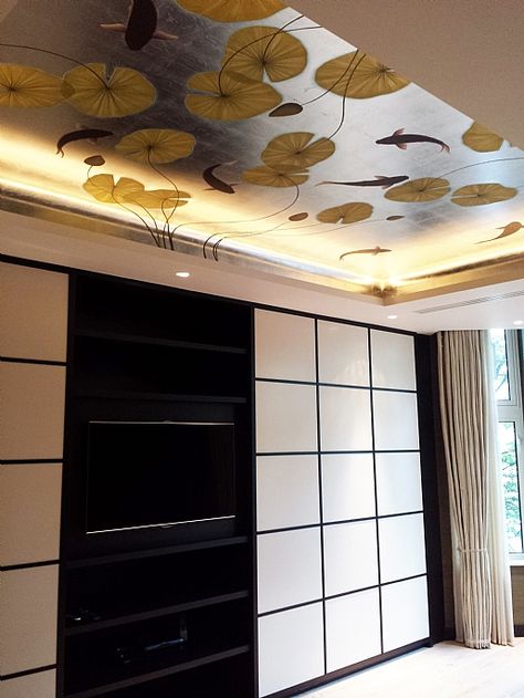 Japanese Style Murals On Gilded & Antiqued Leaf - Henry Van Der Vijver Pond Mural, For One, Ceiling Murals, Wallpaper Ceiling, Painted Ceiling, Baker Street, Koi Pond, Modern Ceiling, Amazing Bathrooms