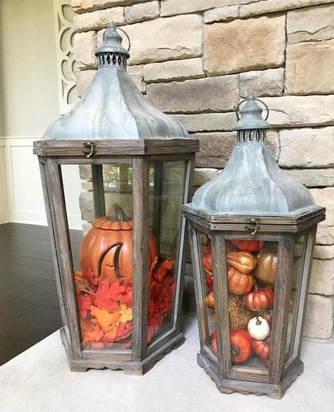 Large Lantern Decor, Pottery Barn Lanterns, Lantern Decor Living, Lantern Crafts, Fall Fireplace Decor, Fall Lanterns, Indoor Lanterns, Lantern Decor, Fall Fireplace