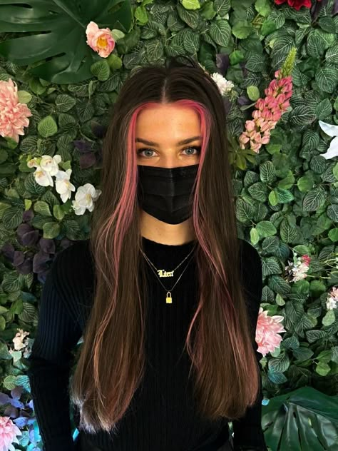 Pink Hair Strip Brunette, Pink Balayage Brunette Straight Hair, Pink Curtain Bangs With Brown Hair, Coloured Streaks In Hair, Brown Hair Pink Money Piece, Pink Front Pieces Hair, Brown Hair Pink Streaks, Pink Brunette Hair, Brown Hair With Pink Streaks