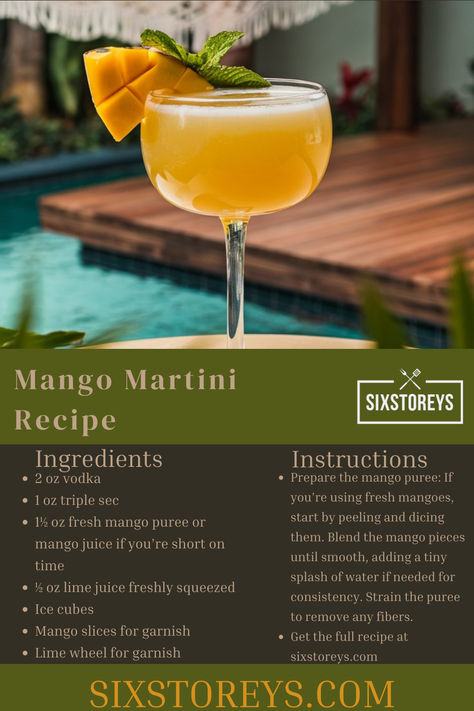 Mango Martini Recipe Mango Martini Recipe, Mango Cocktail Recipes, Mango Vodka Drinks Recipes, Mango Vodka Cocktail, Cocktails With Mango Juice, Mango Martini, Mango Juice, Mango Puree, Martini Recipes