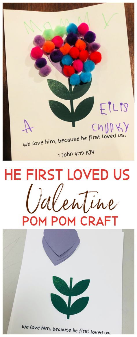 We Love Him Because He First Loved Us is a simple Christian pom pom craft for small children to learn about Jesus love for us! Perfect for Sunday school! Jesus Loves Me Valentine Craft, We Love Because He First Loved Us Craft, God Loves Me Craft For Kids, Jesus Loves Craft, Christian Crafts For Kids Easy, Toddler Bible Lessons, Bible Study Crafts, Toddler Bible, Study Craft