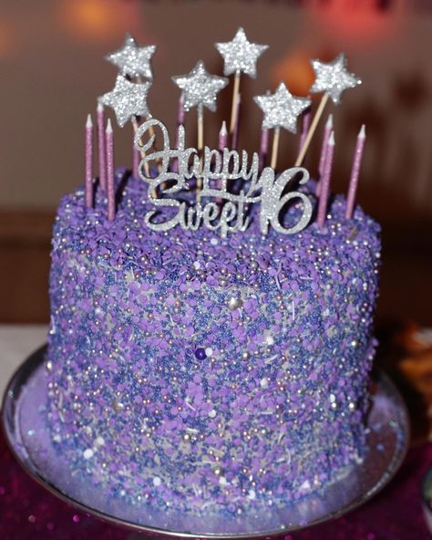 Euphoria Cake Ideas Purple, Sweet 16 Euphoria Theme Cake, Purple Glitter Cake Birthday, Glitter And Sparkle Birthday Party, Sweet 16 Birthday Cakes Purple, Purple Disco Cake, Sweet 16 Cake Purple, Purple 16th Birthday Cake, Sparkly Cake Birthday