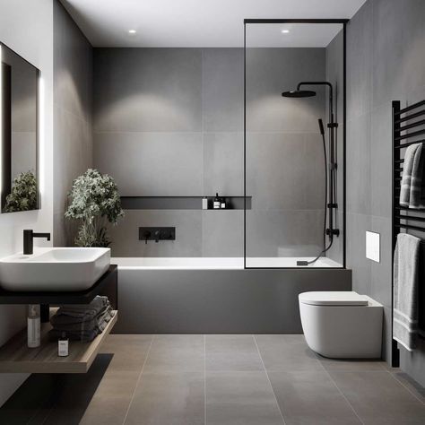 Minimalist Grey Bathroom Ideas for Small Modern Spaces • 333+ Images • [ArtFacade] Apartment Bathroom Design Ideas, Grey And White Bathrooms, Beachy Bathroom Ideas, Compact Bathroom Design, Contemporary Grey Bathrooms, Monochrome Apartment, Grey Modern Bathrooms, Apartment Bathroom Design, Minimalist Small Bathrooms