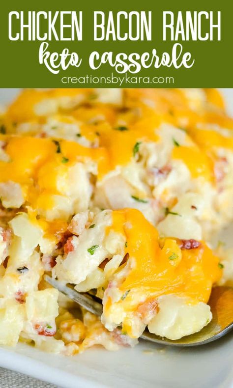 KETO CHICKEN BACON RANCH CASSEROLE is easy, hearty, and so tasty! Creamy sauce, chicken, cauliflower, bacon, and cheese combined into one tasty low carb chicken casserole. #ketochickencasserole #chickenbaconranchketo #ketochicken @Creations by Kara Califlower Casserole, Cauliflower Bacon Casserole, Keto Chicken Bacon Ranch Casserole, Keto Chicken Bacon Ranch, Keto Chicken Bacon, Chicken Cauliflower Casserole, Bacon Ranch Casserole, Low Carb Chicken Casserole, Ranch Casserole