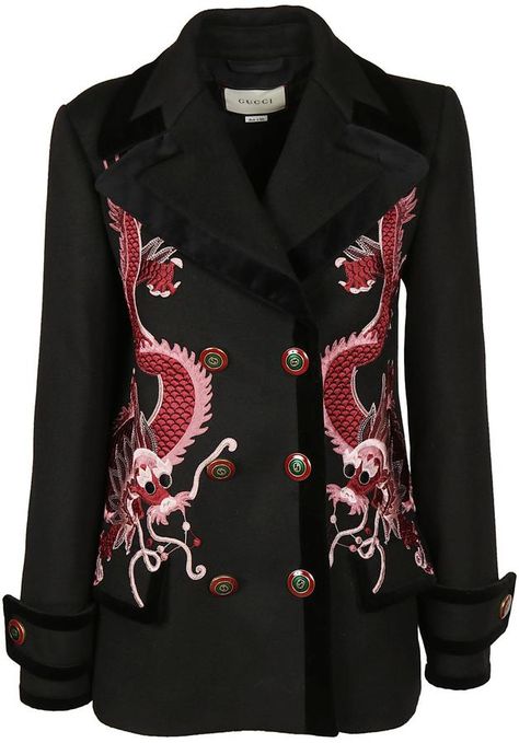 Gucci Dragon Embroidered Coat. #Gucci #Affiliate Animal Aesthetic, Dragon Embroidery, Embroidered Coat, Gucci Brand, Fabric Patterns Design, Trendy Jackets, Embroidered Wool, Gucci Gucci, Black Dragon