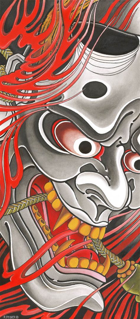 Japanese Tattoo Designs Oni Mask, Oni Tattoo Sleeve, Japanese Oni Tattoo, Japanese Geisha Drawing, Drawing Japanese, Koi Tattoo Sleeve, Guerriero Samurai, Oni Tattoo, Japanese Art Samurai