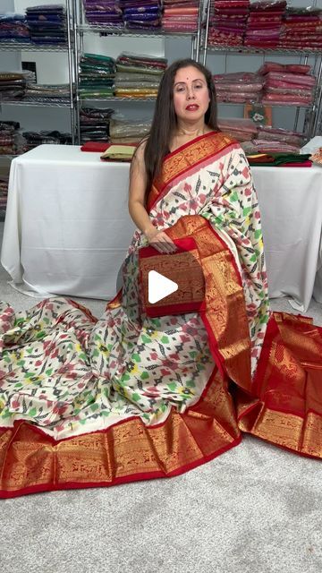 Bengal Looms on Instagram: "Ikkat Pochampally Saree with Kanjivaram Saree in Off White and Red @bengallooms  Store location: Edison, NJ, WhatsApp:8487020727, Website : bengallooms.com #pochampallyikkat #pochampallysarees #weddingsarees #bengallooms" Trending Sarees, Kanjivaram Saree, Kanjivaram Sarees, Pochampally Sarees, Instagram Reels, White And Red, Saree Wedding, Saree, Off White