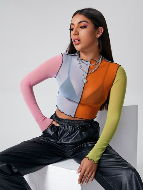 Contrast Stitch Sheer Colorblock Mesh Crop Top Without Bra Sheer Top Outfit, Sheer Crop Top, Mesh Tops, Mesh Crop Top, Clothing Outfit Ideas, Leopard Print Top, Crop Top Outfits, Cropped Tube Top, Light Spring