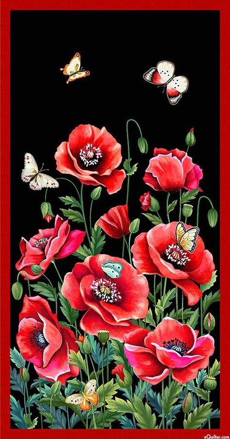 Poppies reach towards the sky as butterflies drift lazily amongst them. Dark Floral Decor, Disco Wallpaper, Artist Ideas, Poppy Fields, Panel Fabric, Paper Wall Hanging, Easy Quilt, Easy Paper Crafts Diy, Hanging Flower Wall