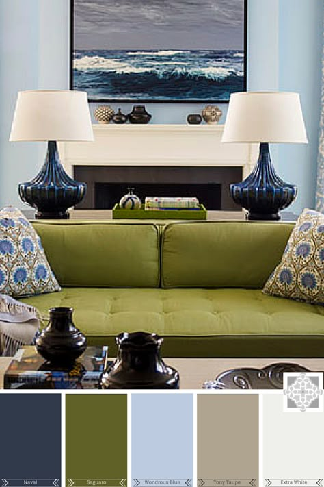 Color Inspiration: Navy and Olive | Interiors by The Sewing Room Green Couch Decor, Olive Green Living Room, Green Couches, Olive Living Rooms, Blue And Green Living Room, Green Living Room Decor, Green Living Room, Living Room Decor Colors, Color Board