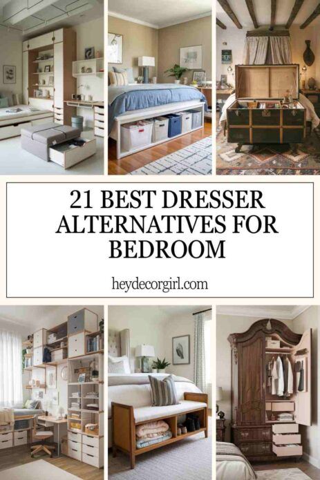 Small Space Dresser Ideas, Dressers Small Bedroom, Next To Bed Storage, Alternative Dresser Ideas Bedroom, Room With No Dresser Ideas, Unique Bedroom Storage Ideas, Armoire In Bedroom Ideas, Corner Dresser Ideas, Unusual Furniture Bedroom