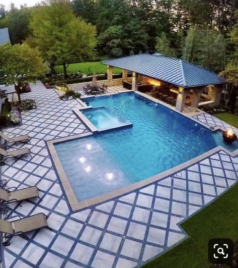 Pool And Entertainment Area, Outdoor Entertaining Area Pool Kitchen Designs, Pergola Swimming Pool, Outside Entertainment Areas With Pool, L Pool Design Ideas, Simple Pool Designs With Hot Tub, Lake House Pool Ideas, Pool Entertainment Area Ideas, Entertainment Area Ideas Indoor