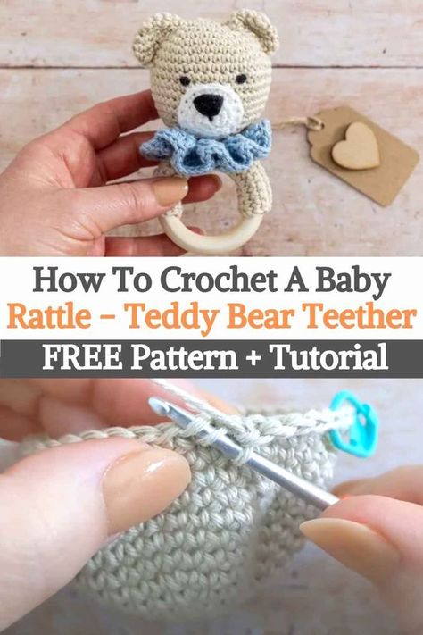 Wooden Teether Pattern, Baby Ring Toy, Teething Ring Pattern, Teether Pattern, Knitting Bear, Baby Gifts To Make, Crochet Rattle, Quick Crochet Projects, Crochet Toys Free Patterns