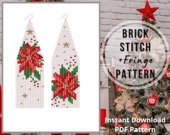 Poinsettia Beaded Earrings, Christmas Seed Bead Earrings Patterns, Christmas Seed Bead Earrings, Bead Earring Patterns, Christmas Beaded Earrings, Beaded Christmas Earrings, Poinsettia Earrings, Seed Bead Flowers, Holiday Beading