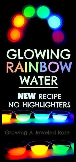 Glowing Rainbow Water with glow in the dark paint or fluorescent paint + water Glows under black light. Neon Painting Ideas Easy, Glowing Water, Glow Water, Fluorescent Paint, Rainbow Water, Glow Paint, Dark Paint, Dark Party, Educational Activities For Kids