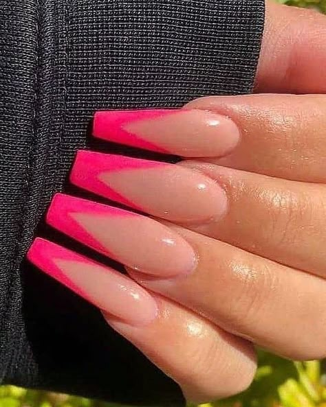 Pink French V Tip Nails, Pink French Tip Coffin Acrylic Nails, Pink V Nails, Pink Tip Nails Coffin, Ballerina Nails French Tip Color, V French Tip Nails Pink, Light Pink V Tip Nails, Hot Pink V French Tip Nails, Hot Pink V Tip Nails