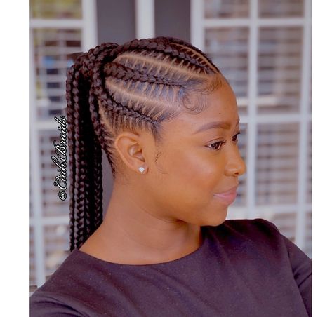 Low Ponytail Cornrow Braids, Corn Roll Ponytail Hairstyles, Low Cornrow Ponytail, Feeder Ponytail Braids, Corn Row Ponytail, Braided Up Ponytail Black Women, Cornrow Ponytail Hairstyles Black Women, Feed In Ponytail Braids, Ponytail Braids For Black Women