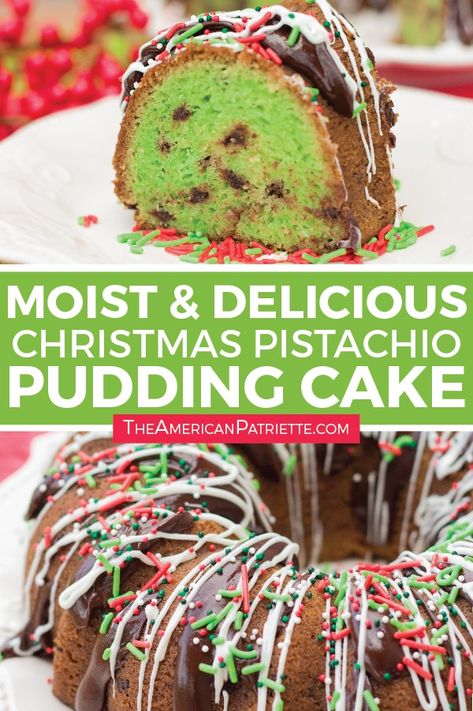 Pistachio Christmas, Pistachio Pudding Cake, Christmas Bundt Cake, Easy Bundt Cake, Chocolate Pistachio, Homemade Pudding, Pistachio Pudding, Pistachio Cake, Christmas Sprinkles