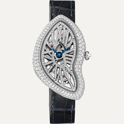 CRHPI00935 - Crash Skeleton watch - Platinum, leather, diamonds - Cartier Cartier Crash Watch, Crash Watch, Cartier Crash, Skeleton Jewelry, Swinging London, Diamond Watches, Pave Diamond Jewelry, Skeleton Watches, Platinum Jewelry