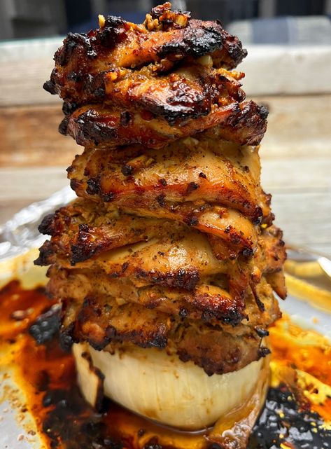 CHICKEN GYROS ON A HOMEMADE ONION ‘SPIT’ Greek Chicken Gyro Recipe, Homemade Gyros Chicken, Homemade Chicken Gyros, Gyro Appetizer, Gyros Recipe Chicken, Chicken Gyro Meat Recipe, Chicken Gyro Oven, Gyro Recipe Chicken, Greek Gyros Chicken