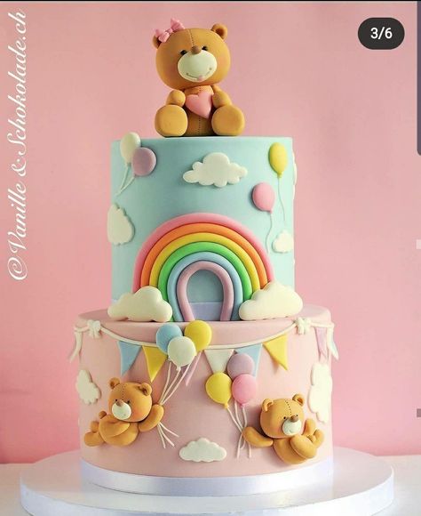 Cake Baby Birthday, Bear Birthday Cake, Teddy Bear Birthday Cake, Baby 1st Birthday Cake, Bear Baby Shower Cake, 1st Bday Cake, Cake Designs For Kids, Cake Rainbow, Baby First Birthday Cake